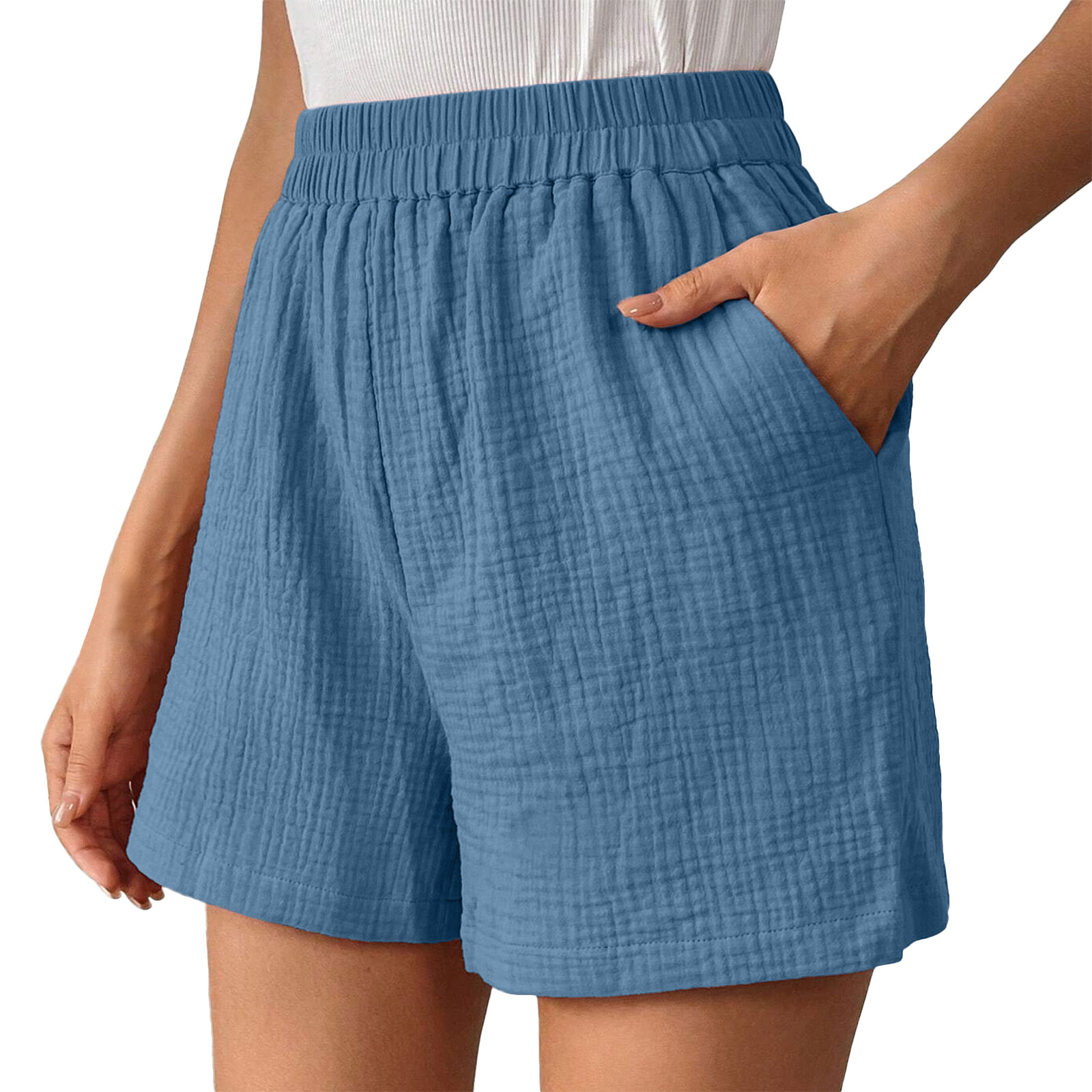 thumbnail image 2 of Pantalones de mujer con doble capa y pliegues en el bajo - Pantalones de cintura alta y pierna recta - Pantalones cortos deportivos holgados, 2 of 8